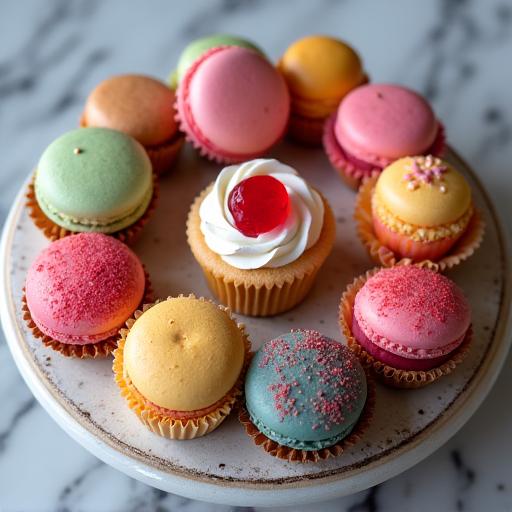 Surtido de pasteles finos y macarons coloridos, una deliciosa exhibición de repostería artesanal.
