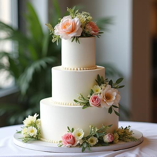 Elegante tarta de boda de varios pisos con flores naturales, perfecta para un gran evento.