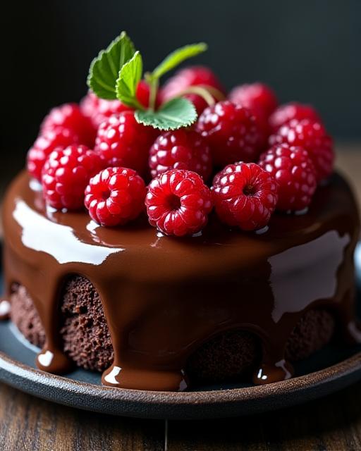 Tarta de chocolate intensa decorada con frutos rojos frescos y glaseado brillante.