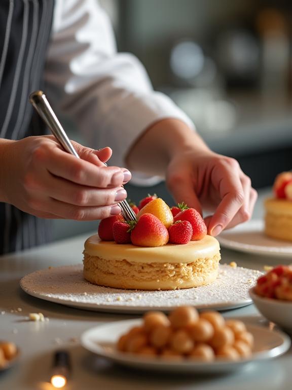 Manos de un pastelero decorando una tarta con precisión.